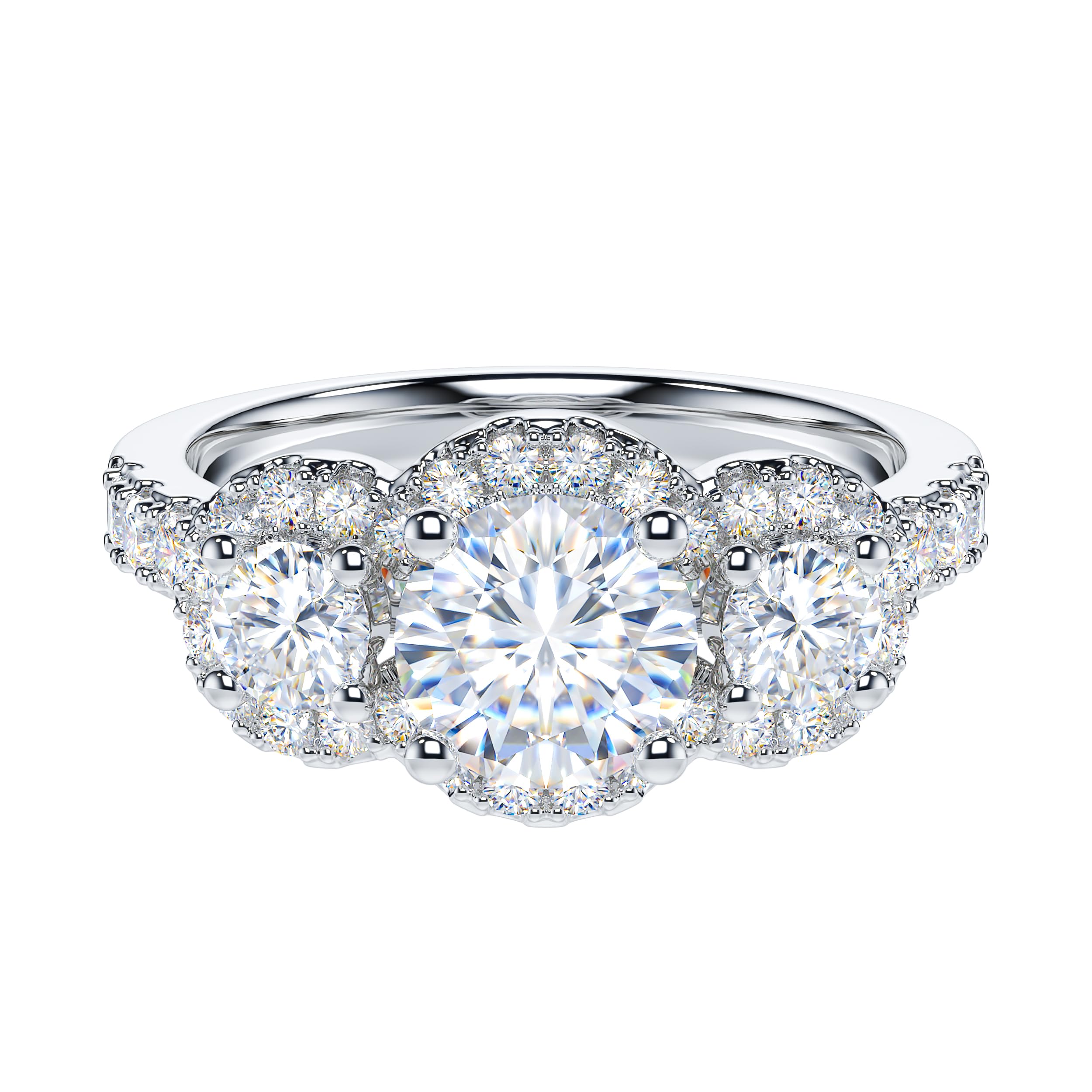 Genuine Moissanite Sterling Silver Main Stone 1CT Round Brilliant Cut Three Stone Halo Promise Ring Engagement Ring For Her (8)