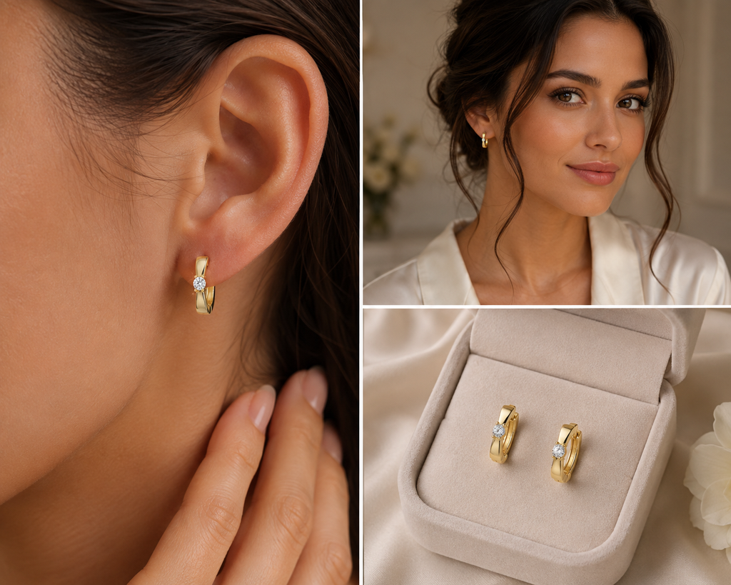 15mm Gold Moissanite Huggie Hoop Earrings – 14K Gold Vermeil over 925 Sterling Silver