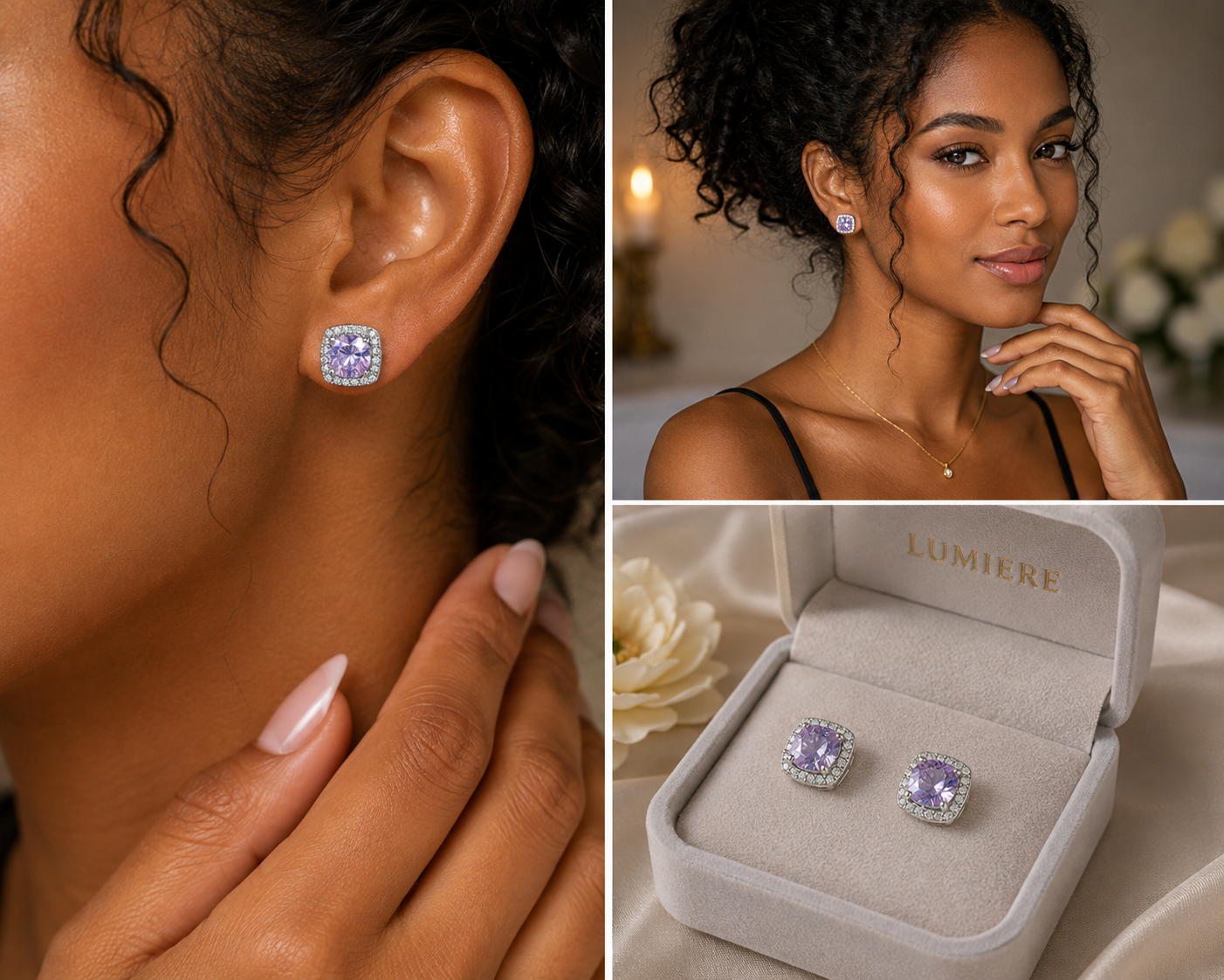 Purple Moissanite Double Halo Stud Earrings – 2CT Total Weight | 925 Sterling Silver