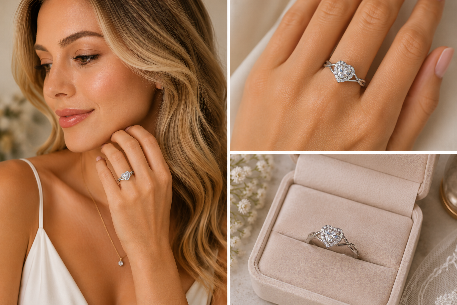 (sz6) Moissanite Ring Heart Halo Engagement Rings (Size 6)