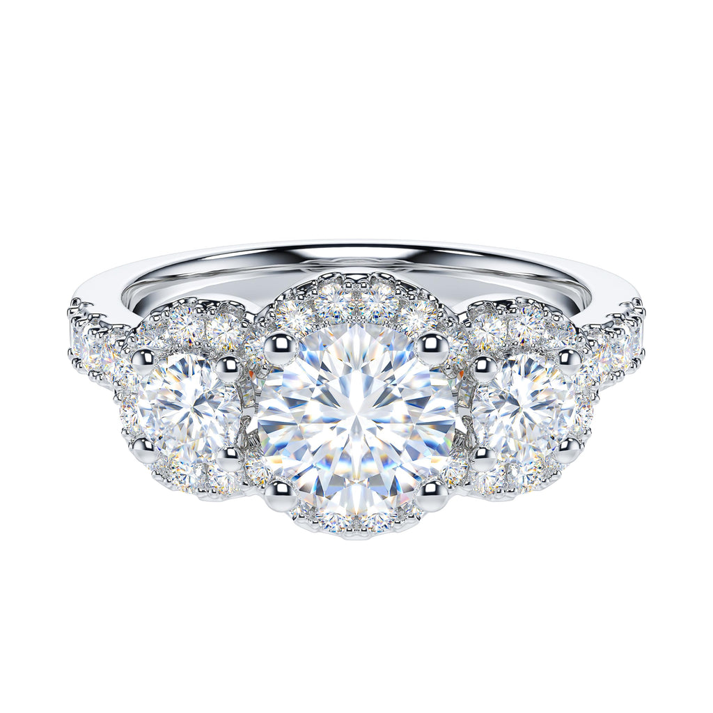 Genuine Moissanite Sterling Silver Main Stone 1CT Round Brilliant Cut Three Stone Halo Promise Ring Engagement Ring For Her (8)