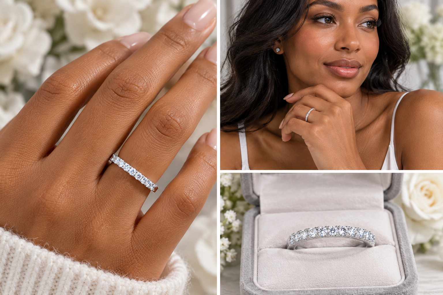 (sz9.5) Moissanite Half Eternity Wedding Band – Sterling Silver Stackable Ring (Size 9.5)